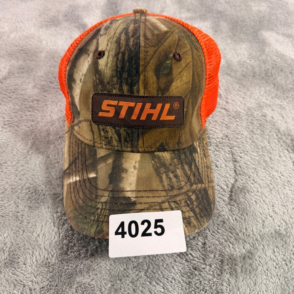 STIHL Trucker Hat Mens OSFA Orange Camo Dri Duck Mesh Back Logo Cap